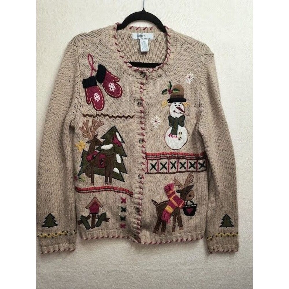 Vintage Kikit Ugly Christmas Cardigan Sweater Medium Ramie Wool Snowman Reindeer